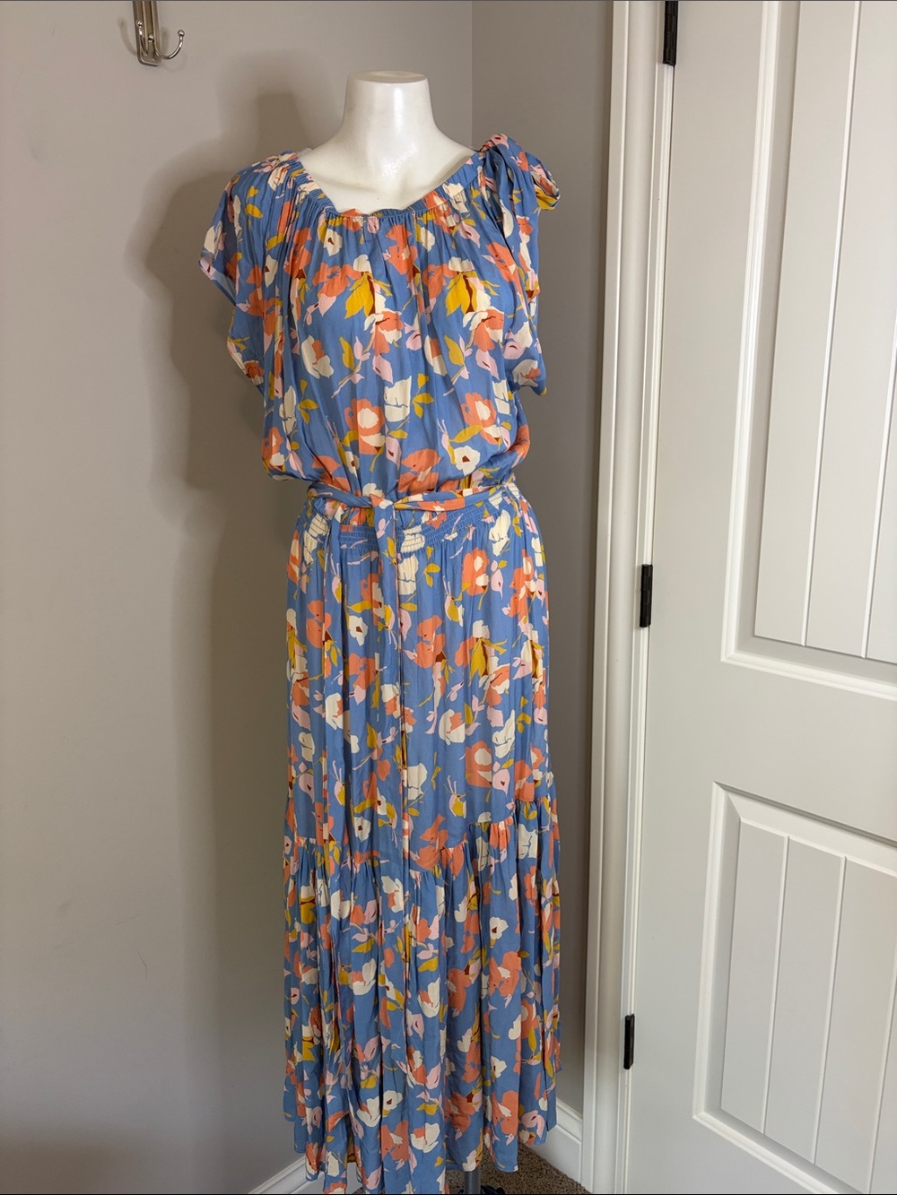Shoshanna Peony Dress Slate Blue Multi Maxi Floral side shoulder tie belt Sz 10 - Picture 4 of 15